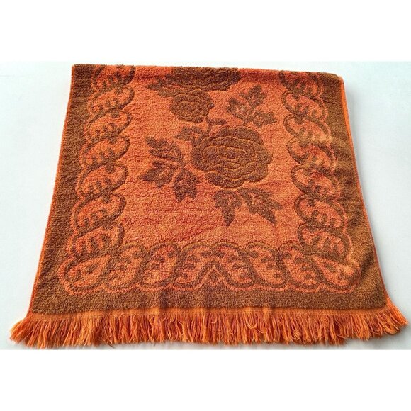 Vintage 70s small bath towel, orange & brown, plush, reversible, fringed - Picture 5 of 9